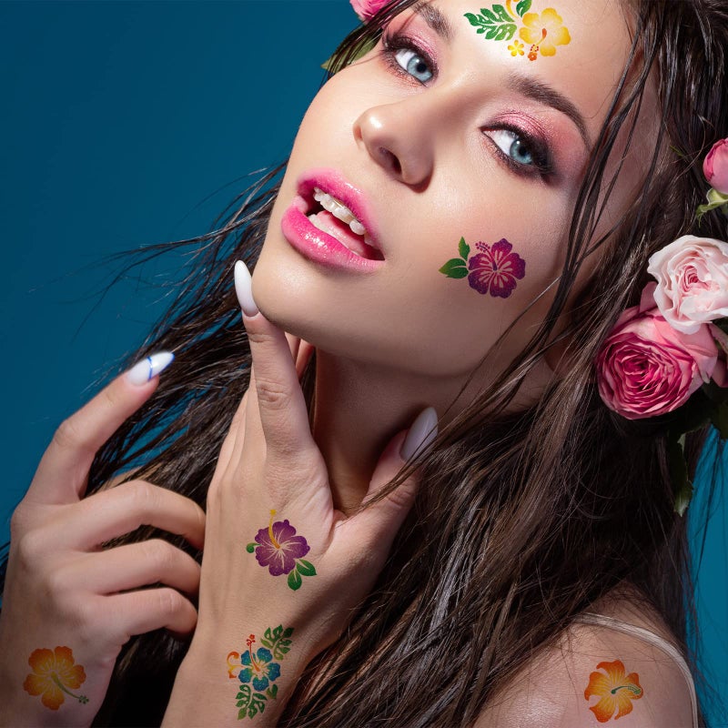 Nosiny 240 Pcs Hibiscus Glitter Tattoos Hawaiian Temporary Tattoos Flower Luau Stickers Summer Decal Stickers Tropical for Women Men Body Face Hawaiian Themed Party - Image 5
